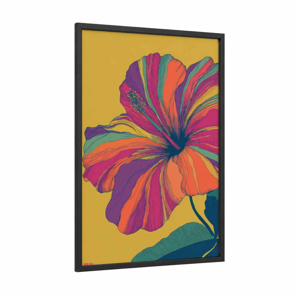 Rainbow Hibiscus framed art print — black wood frame — yellow gold and magenta palette