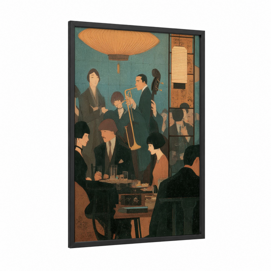 Jazz Night Gathering framed vintage japanese ads print — black wood frame — teal and gold palette