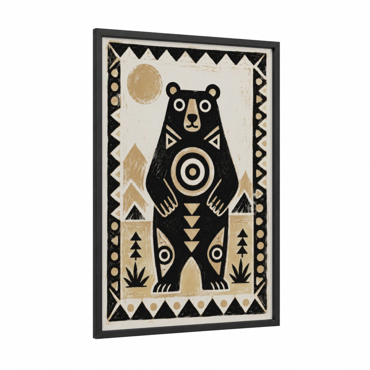 Geometric Bear Folk Art Wall Art framed art print — black wood frame — black and white and beige palette