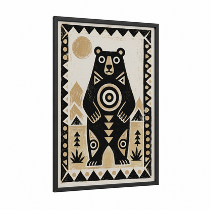 Geometric Bear Folk Art Wall Art framed art print — black wood frame — black and white and beige palette