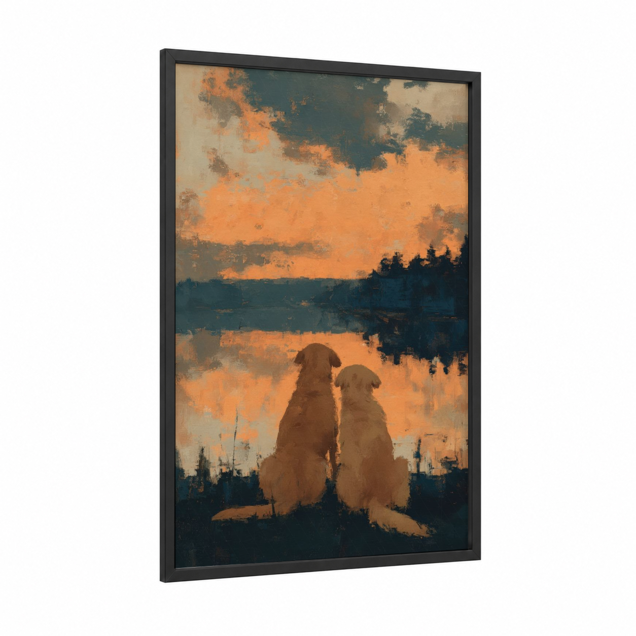 Lakeside Companions framed animals in love print — black wood frame — gold and teal palette