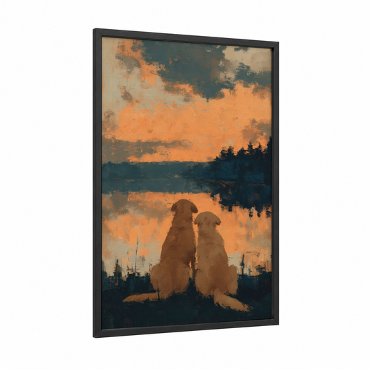 Lakeside Companions framed animals in love print — black wood frame — gold and teal palette