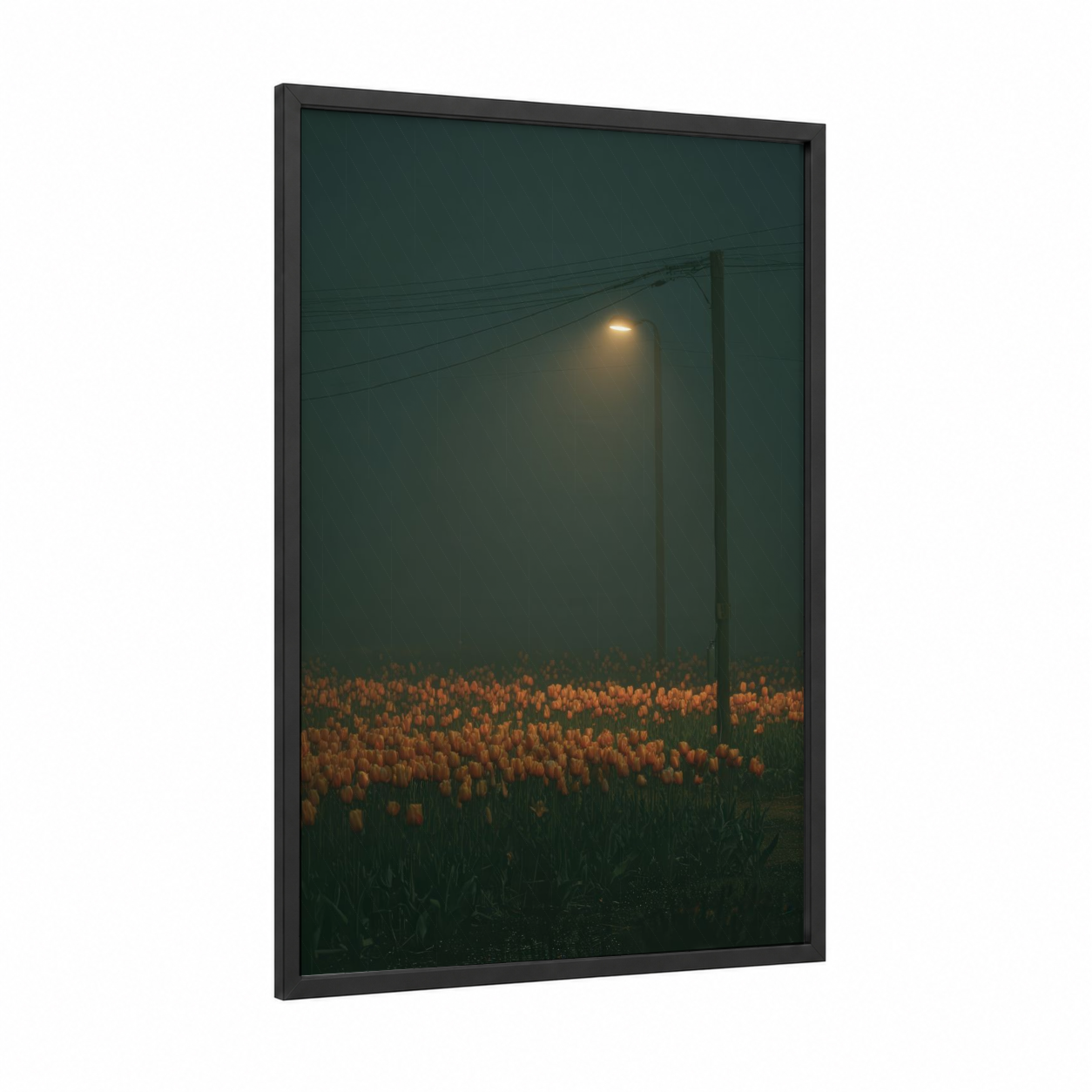Misty Tulip Field framed art print — black wood frame — orange and dark green palette