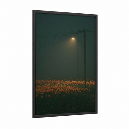 Misty Tulip Field framed art print — black wood frame — orange and dark green palette