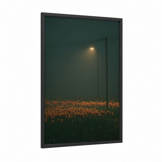 Misty Tulip Field framed art print — black wood frame — orange and dark green palette