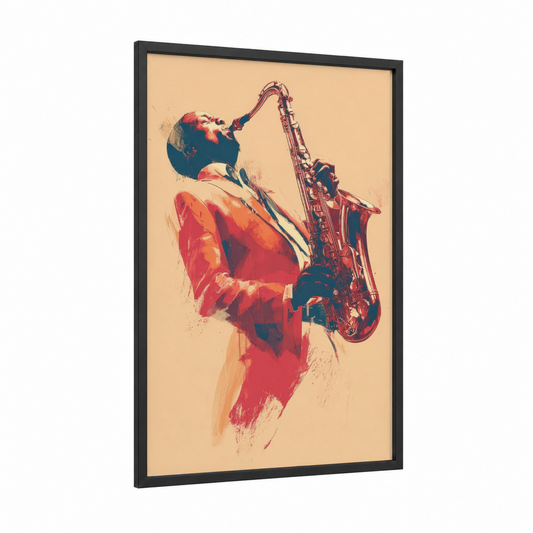 Jazz Saxophonist framed musician print — black wood frame — red and gold palette