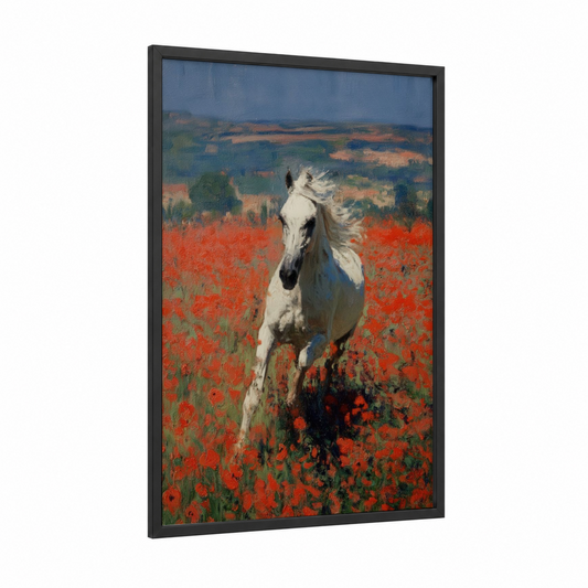 Poppy Field Arabian framed arabian horse print — black wood frame — red and gold palette