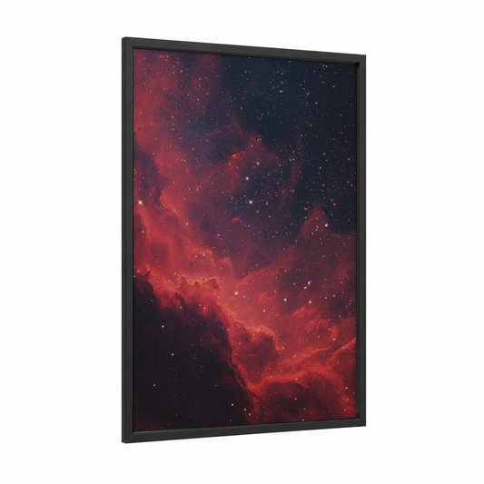 Crimson Nebula framed art print — black wood frame — red and black and gold palette