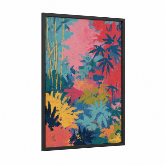 Cannabis Botanical framed marijuana print — black wood frame — pink and teal palette