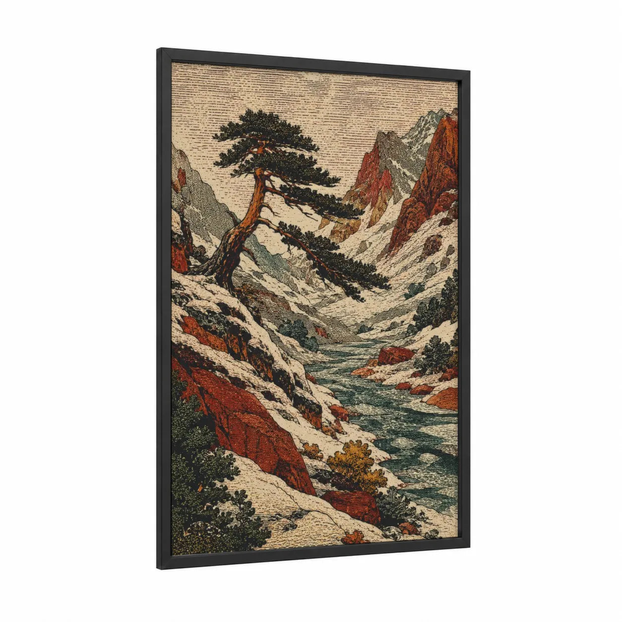 Japanese Mountain Pine Tree Wall Art framed art print — black wood frame — beige and teal palette