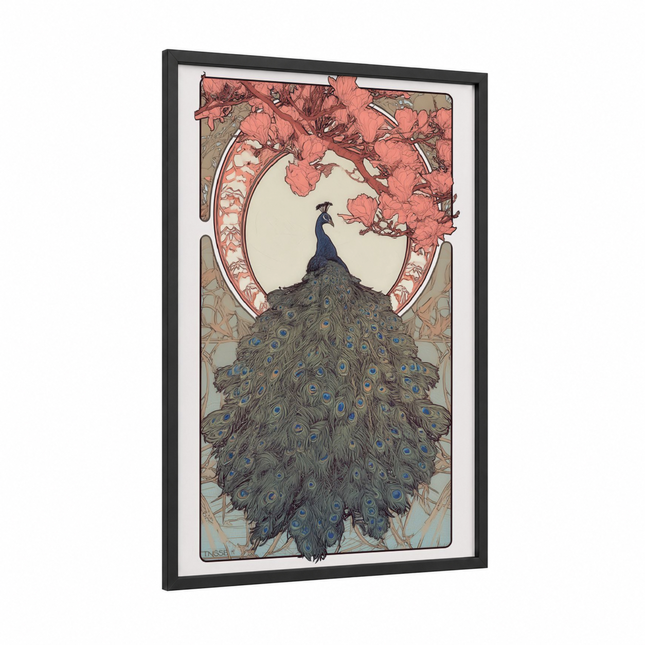 Blossom Peacock framed art print — black wood frame — blue and salmon pink palette