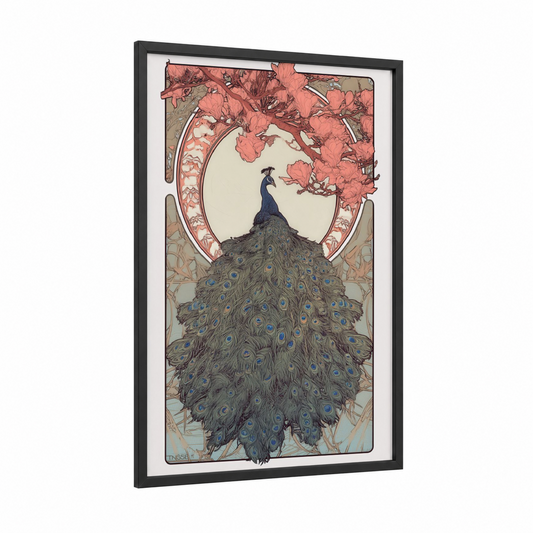Blossom Peacock framed art print — black wood frame — blue and salmon pink palette