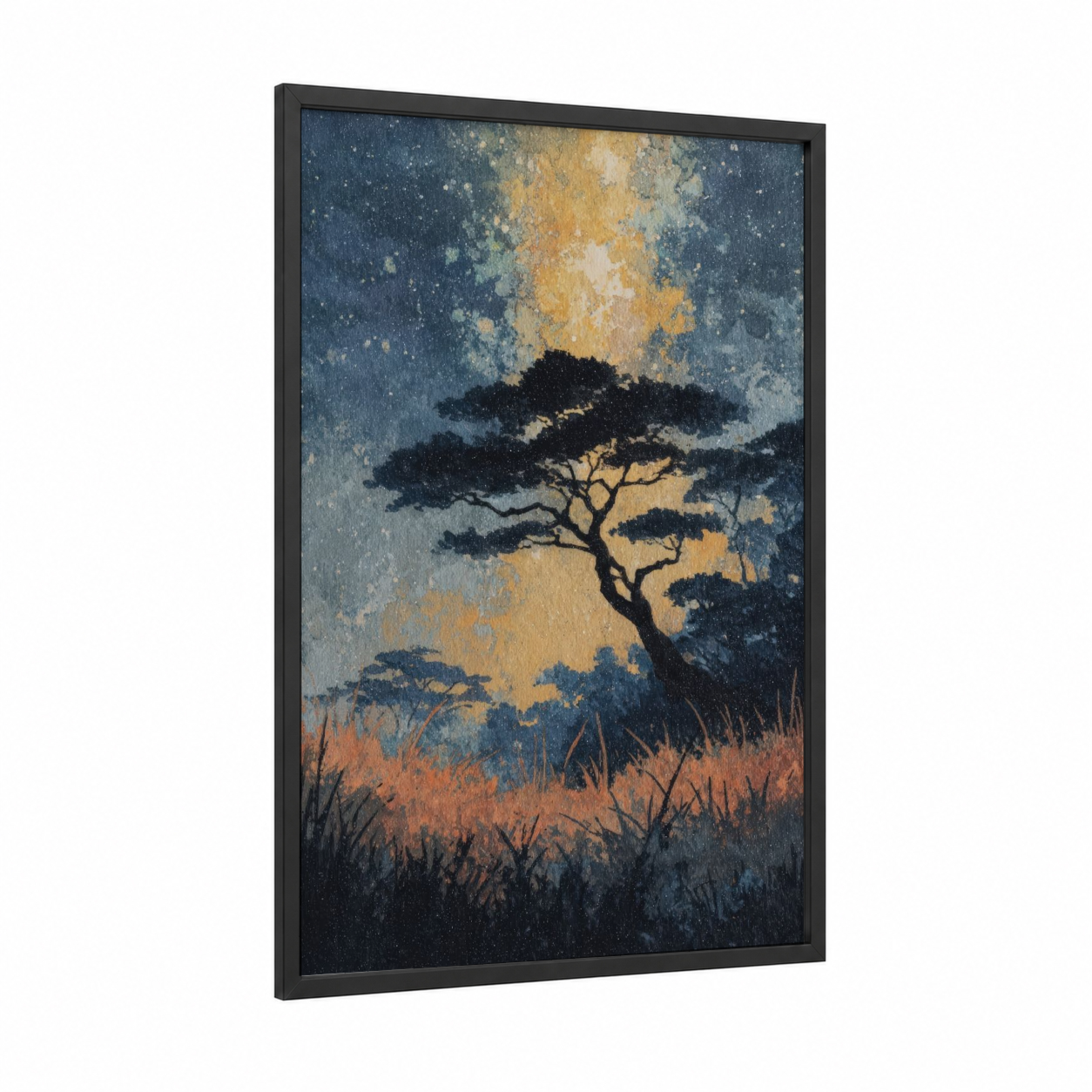 Savanna Silhouette framed savanna and desert trees print — black wood frame — gold and blue and gray palette