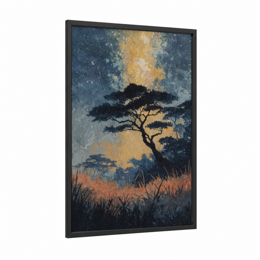Savanna Silhouette framed savanna and desert trees print — black wood frame — gold and blue and gray palette