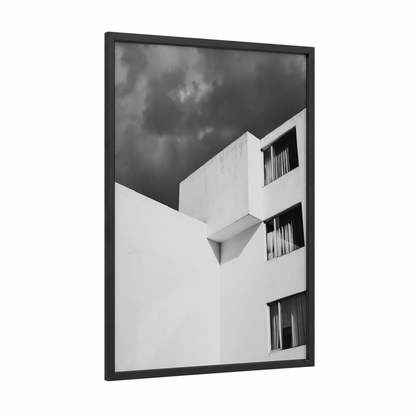 Storm Architecture framed abstract architecture print — black wood frame — black and white and gray palette