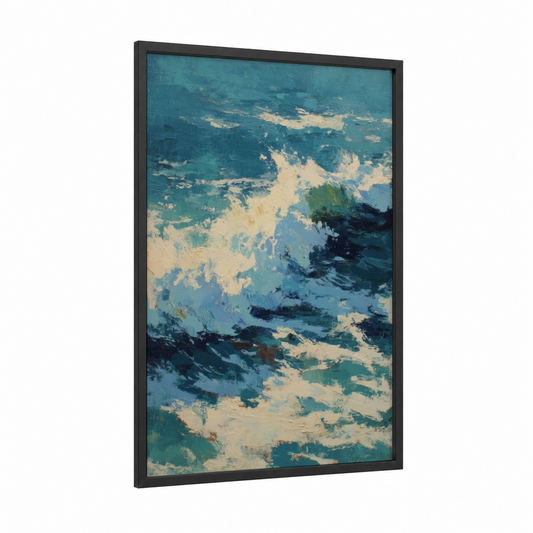 Coastal Wave Study framed seascapes and ocean print — black wood frame — teal and blue and white palette