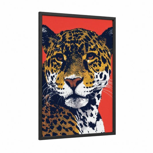 Golden Jaguar Portrait framed art print — black wood frame — gold and black and gold palette