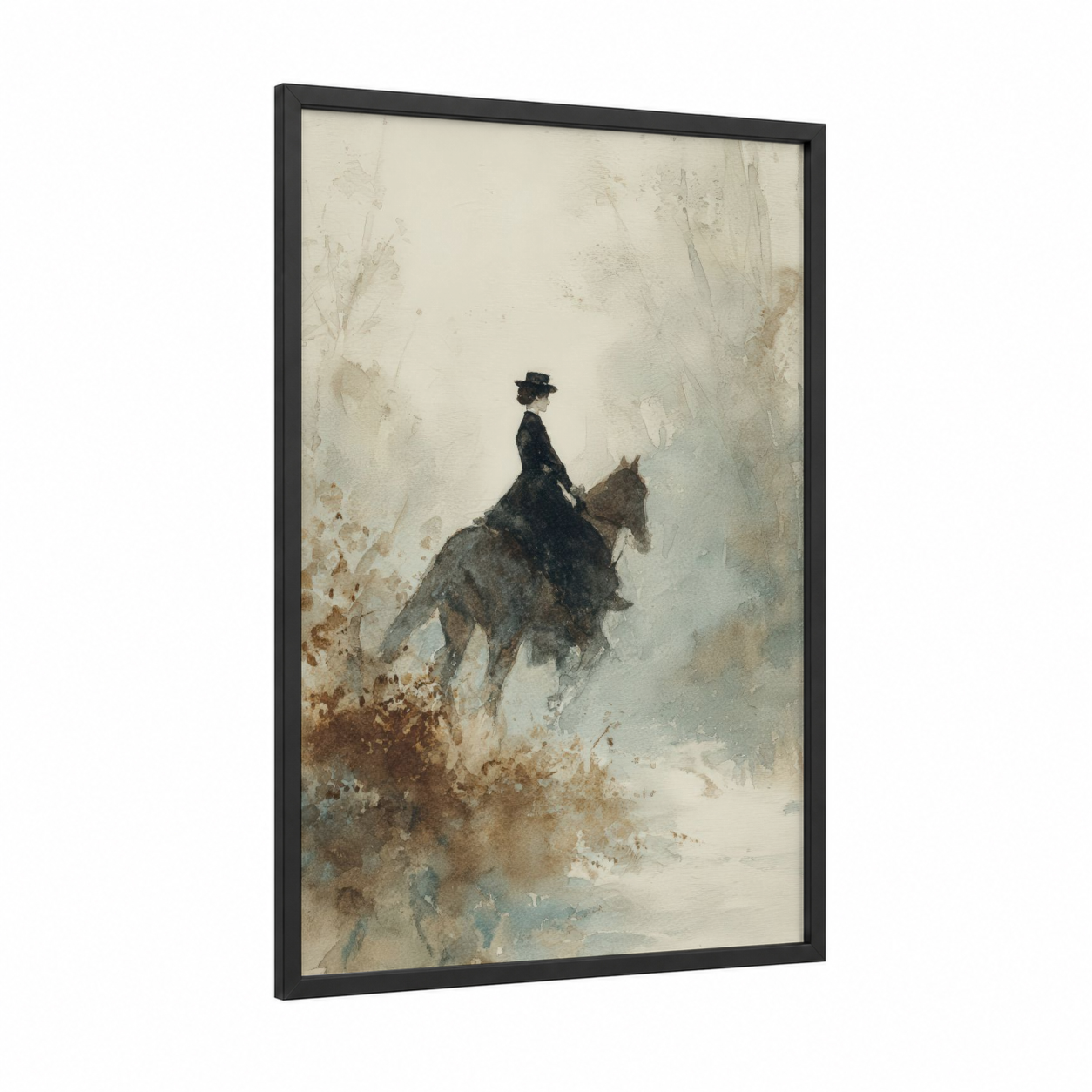 Misty Horseback Rider framed art print — black wood frame — cream and sage green palette