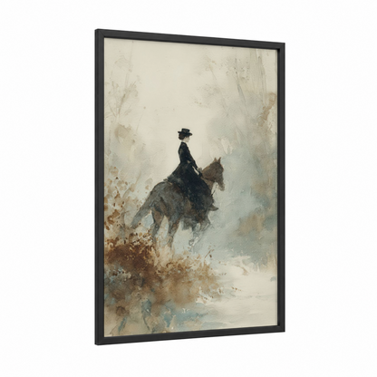 Misty Horseback Rider framed art print — black wood frame — cream and sage green palette
