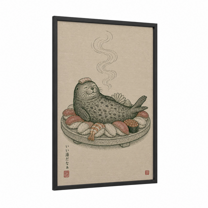 Seal Sushi Japanese Style Wall Art framed art print — black wood frame — beige and cream palette