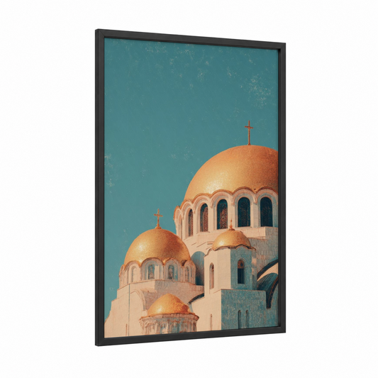 Golden Monastery framed art print — black wood frame — gold and teal palette