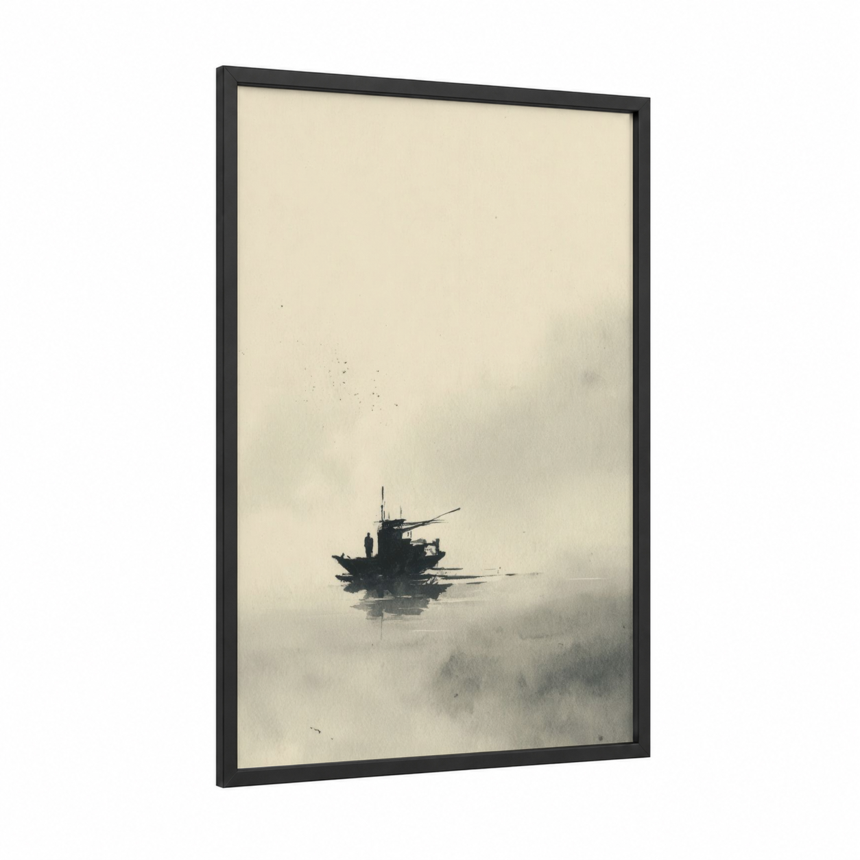 Misty Warship framed seascapes and ocean print — black wood frame — gray and cream palette