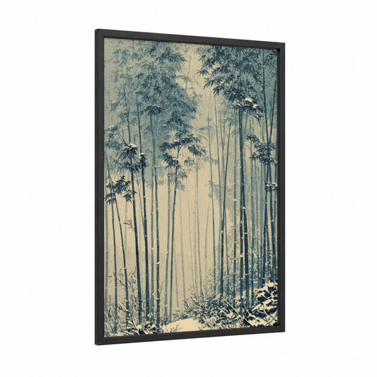 Misty Bamboo Forest framed art print — black wood frame — blue and cream palette