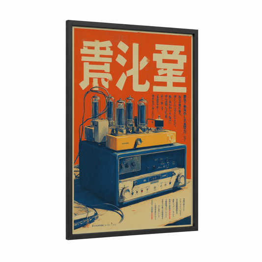 Retro Radio Advertisement framed vintage japanese ads print — black wood frame — orange and dark blue palette