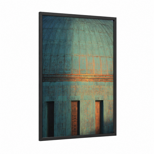 Verdigris Dome framed art print — black wood frame — teal and orange palette