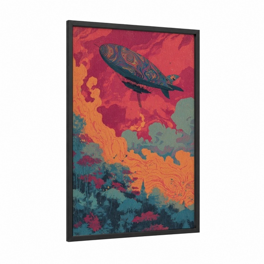 Ornate Airship framed art print — black wood frame — red and orange palette
