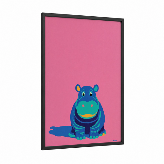 Smiling Hippo framed art print — black wood frame — blue and pink palette