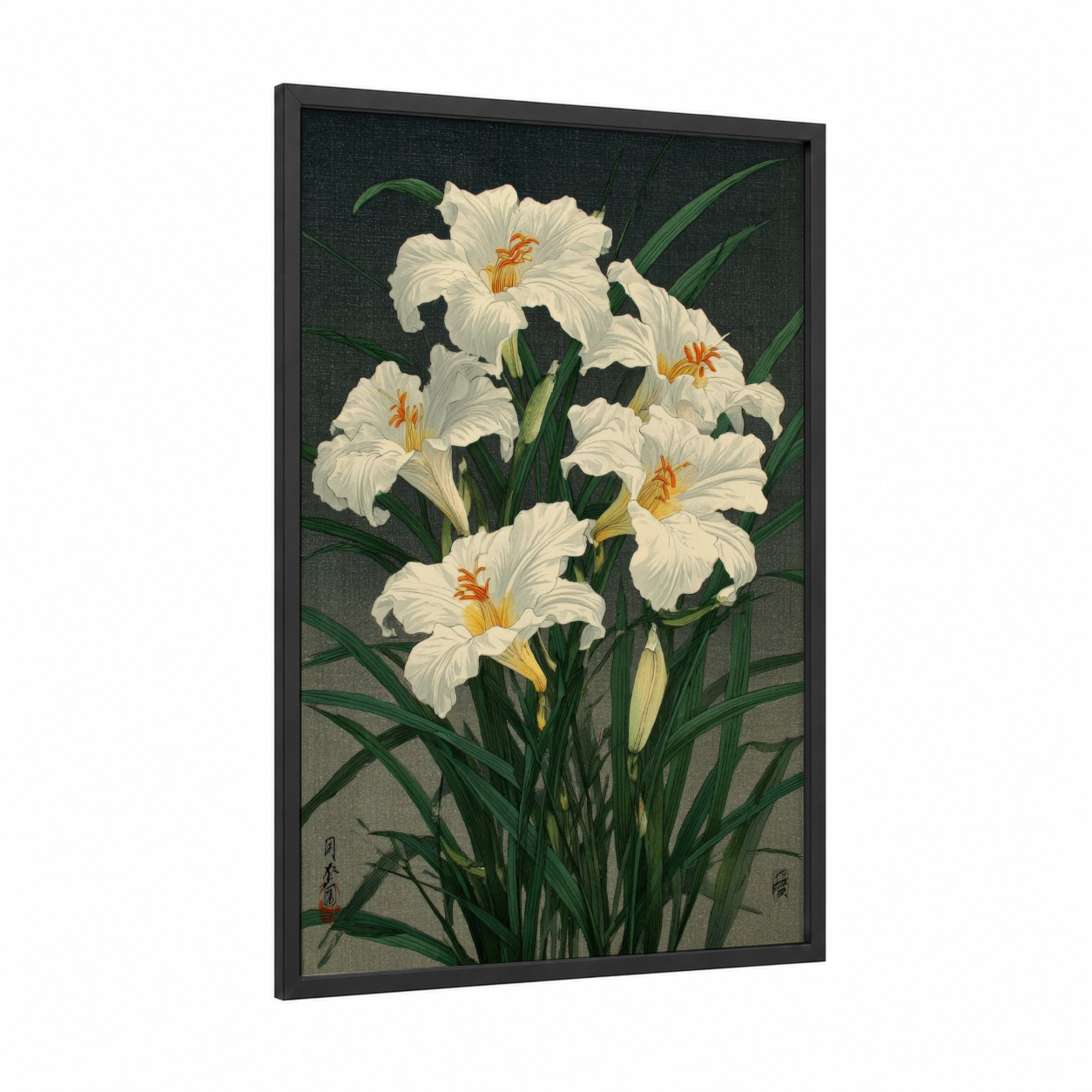 Creamy Amarillys framed art print — black wood frame — white and dark green palette