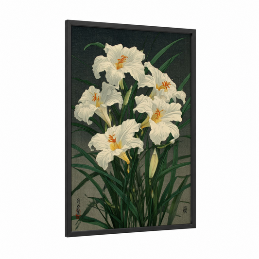 Creamy Amarillys framed art print — black wood frame — white and dark green palette