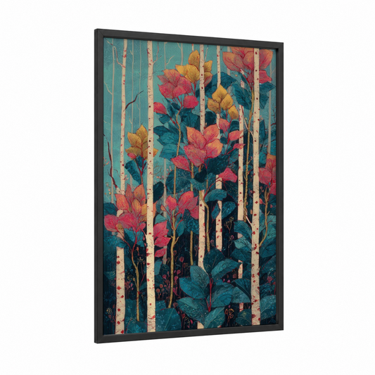 Crimson Birch Forest framed birch tree print — black wood frame — teal and salmon pink palette