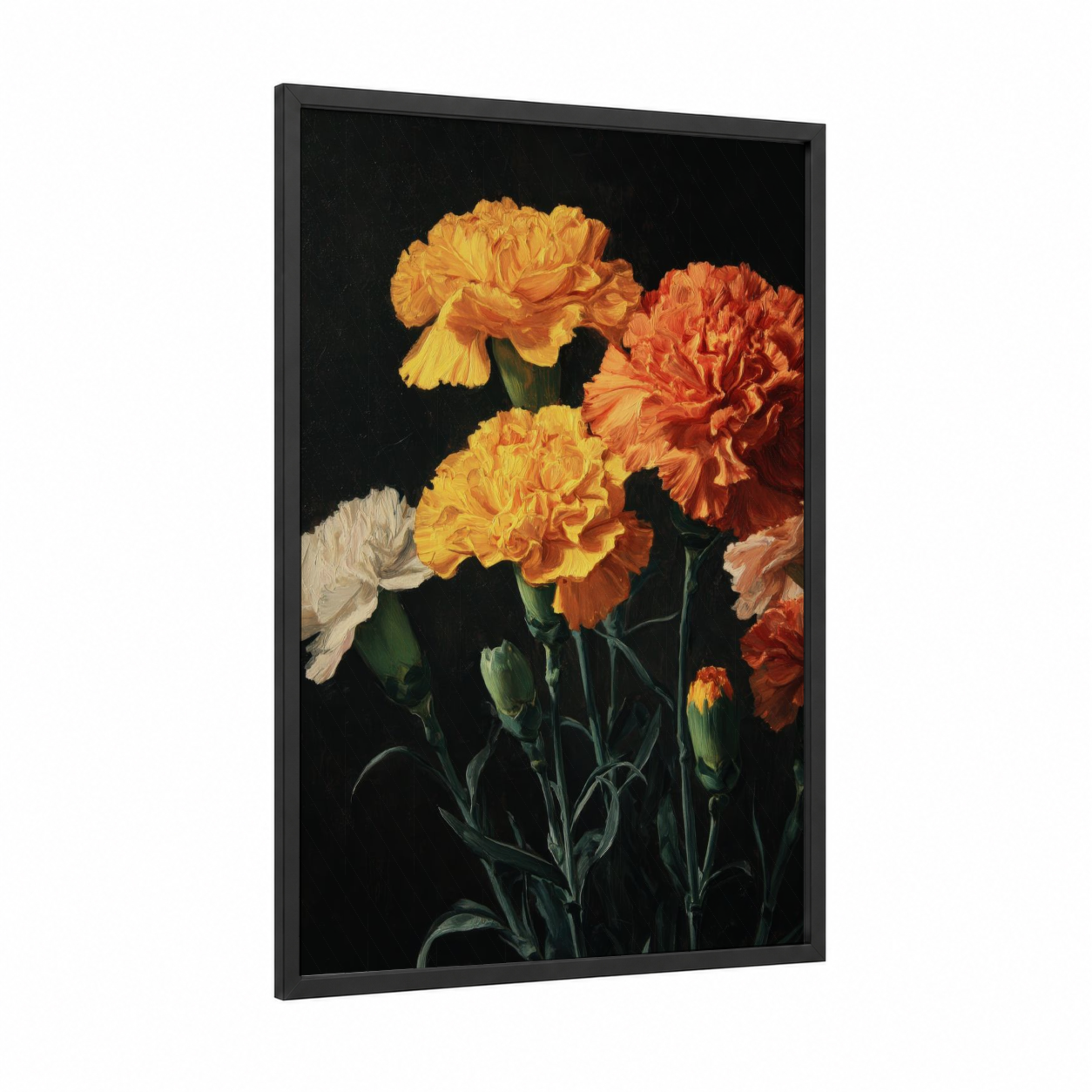 Golden Carnation Bloom framed carnations print — black wood frame — gold and orange palette