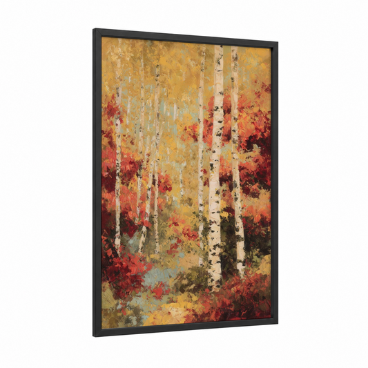 Autumn Aspen Forest framed art print — black wood frame — gold and russet palette