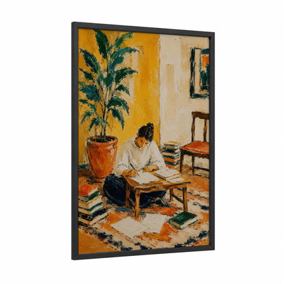 Reading Woman With Potted Plant Wall Art framed art print — black wood frame — orange and true green palette