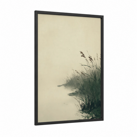 Misty Reeds framed art print — black wood frame — cream and dove gray palette