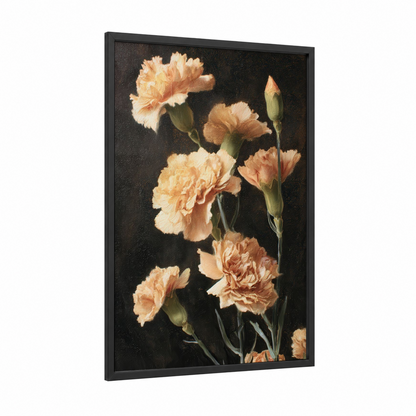 Peachy Carnations framed art print — black wood frame — peach and black palette