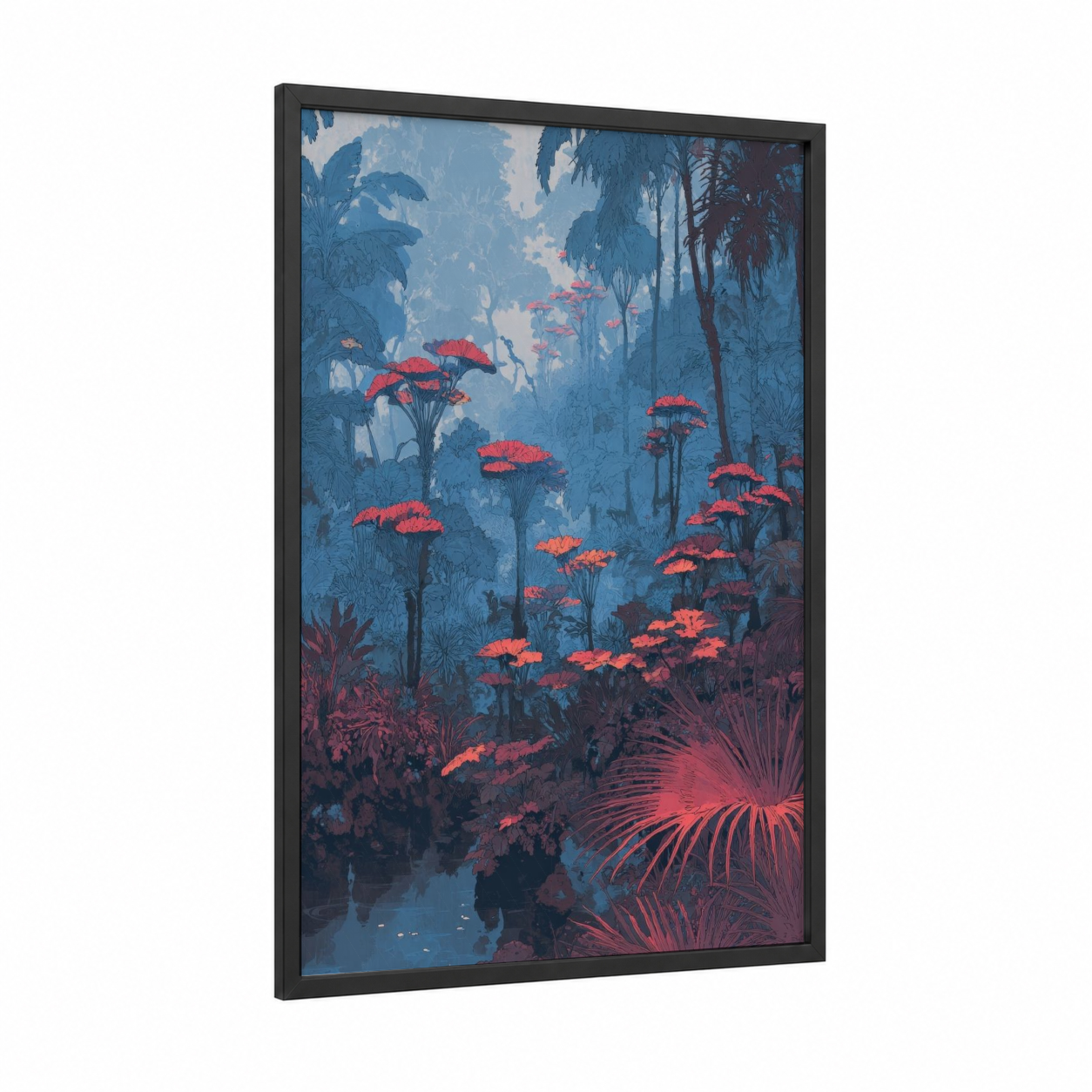 Misty Tropical Garden framed tropical trees print — black wood frame — blue and red palette