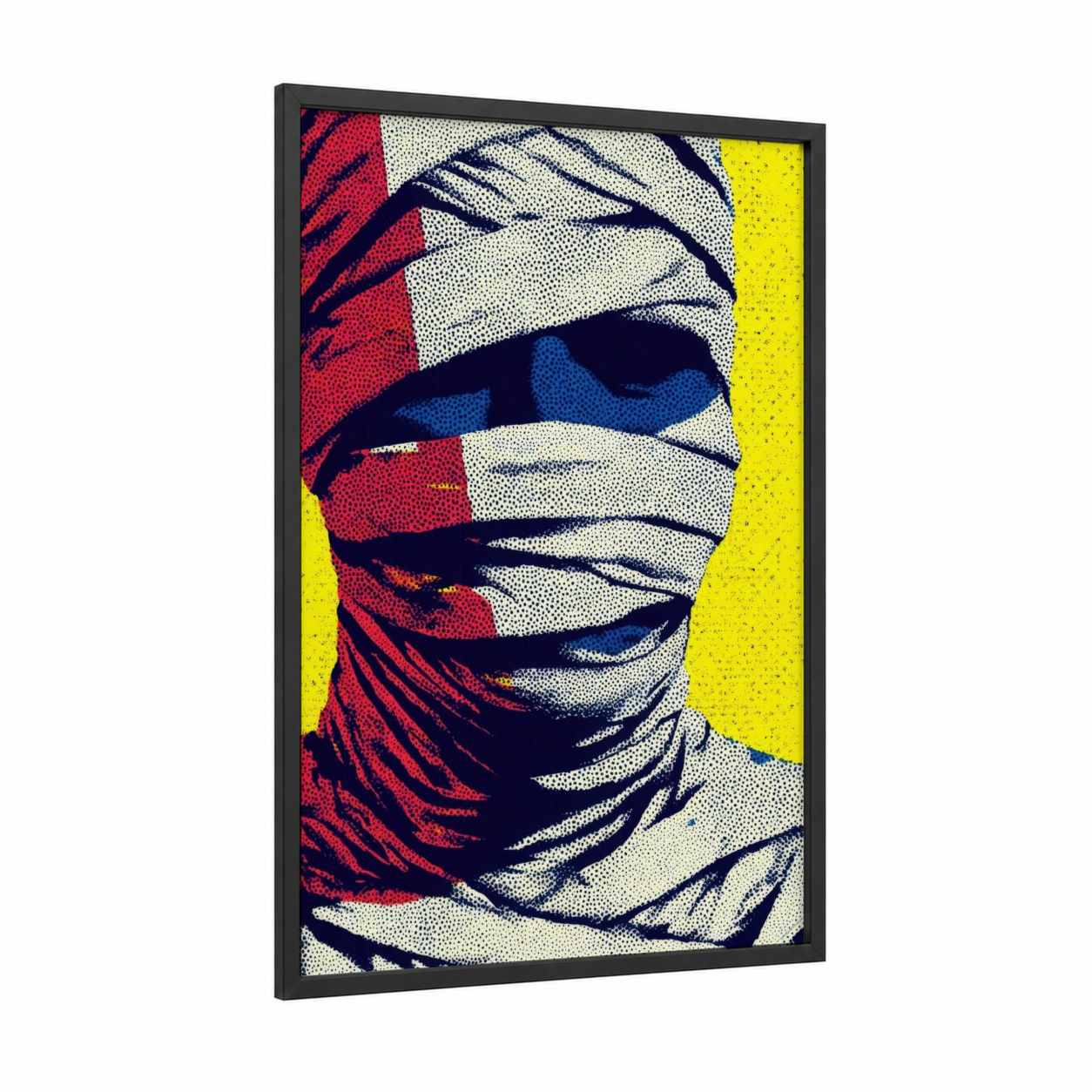 Mummy Wrap Portrait framed halloween print — black wood frame — yellow and red palette