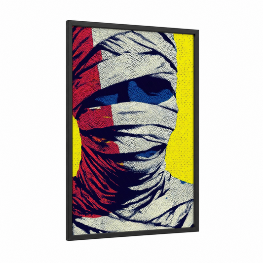 Mummy Wrap Portrait framed halloween print — black wood frame — yellow and red palette