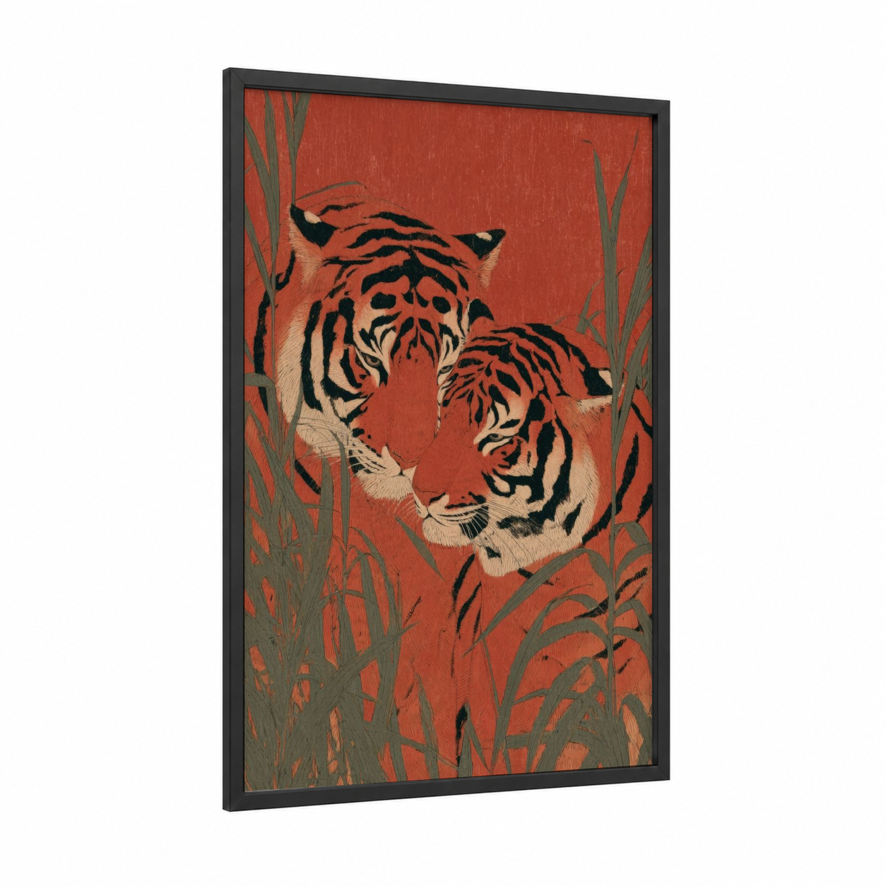 Crimson Tiger Pair framed animals in love print — black wood frame — red and sage green palette