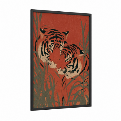 Crimson Tiger Pair framed animals in love print — black wood frame — red and sage green palette
