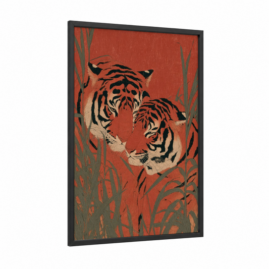 Crimson Tiger Pair framed animals in love print — black wood frame — red and sage green palette