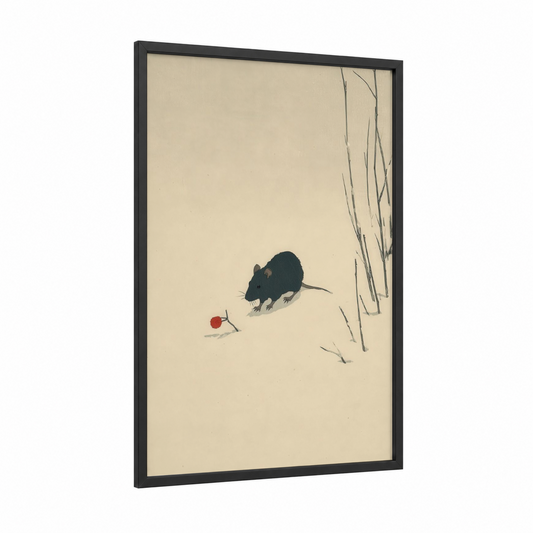 Winter Mouse framed mice print — black wood frame — beige and black palette