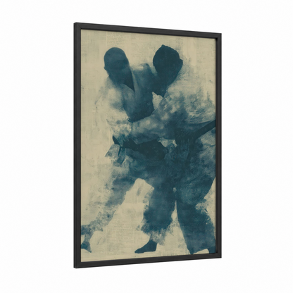 Grappling Momentum framed judo print — black wood frame — dark blue and cream palette