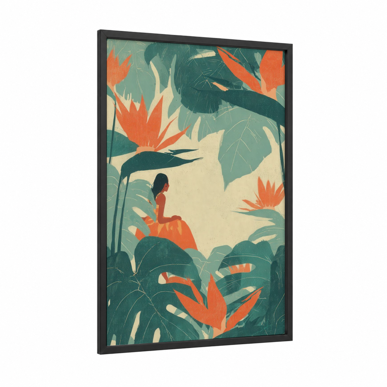 Island Dancer framed hula print — black wood frame — light green and pumpkin palette