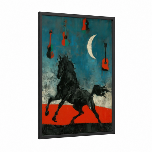 Midnight Andalusian framed andalusian horse print — black wood frame — teal and black and red palette