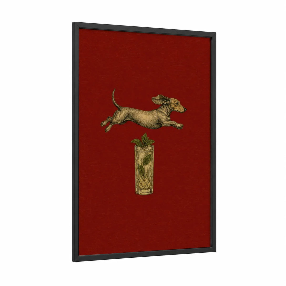 Dachshund and Cocktail Wall Art framed dogs print — black wood frame — red and gold palette